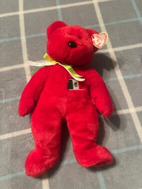 Original 1999s Ostio Ty Red Plush Bear with Ribbon and Heart Tag